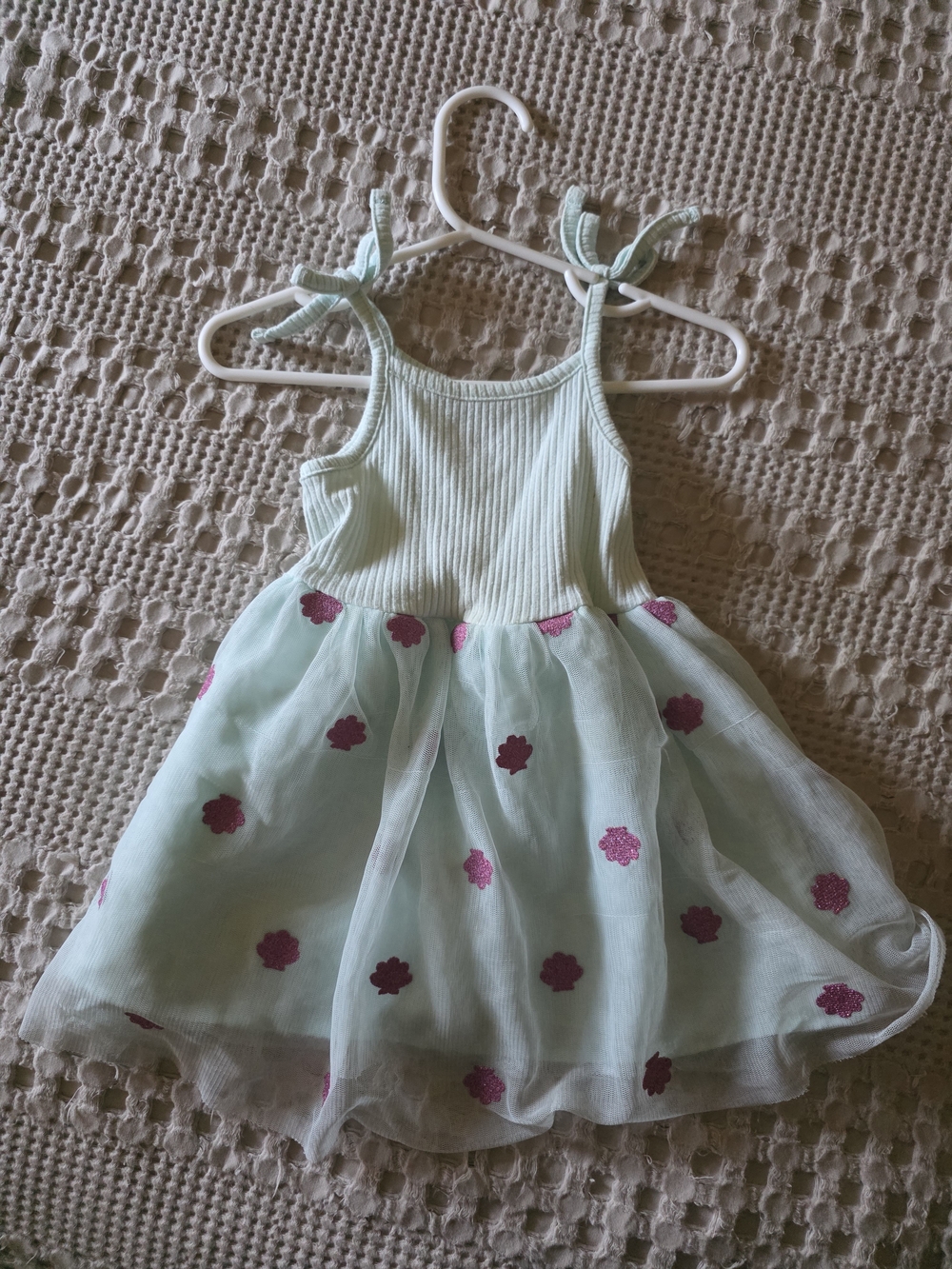 Girls' Mint Green Floral Tulle Dress with Pink Appliqués